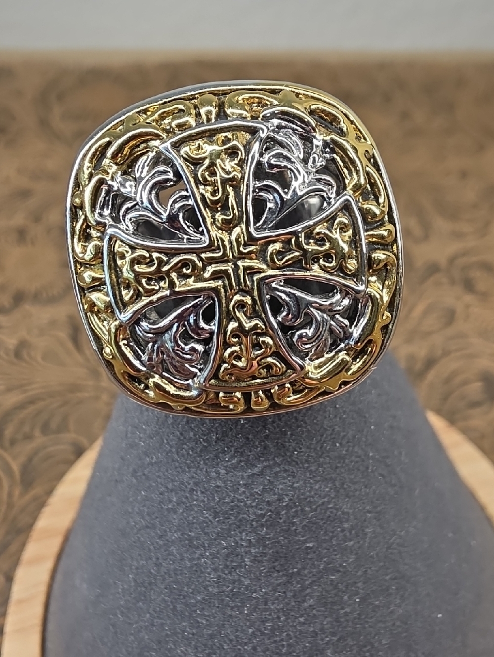 Vintage Gold Silver Scrolling Cross Emblem Large Square Face Statement Ring